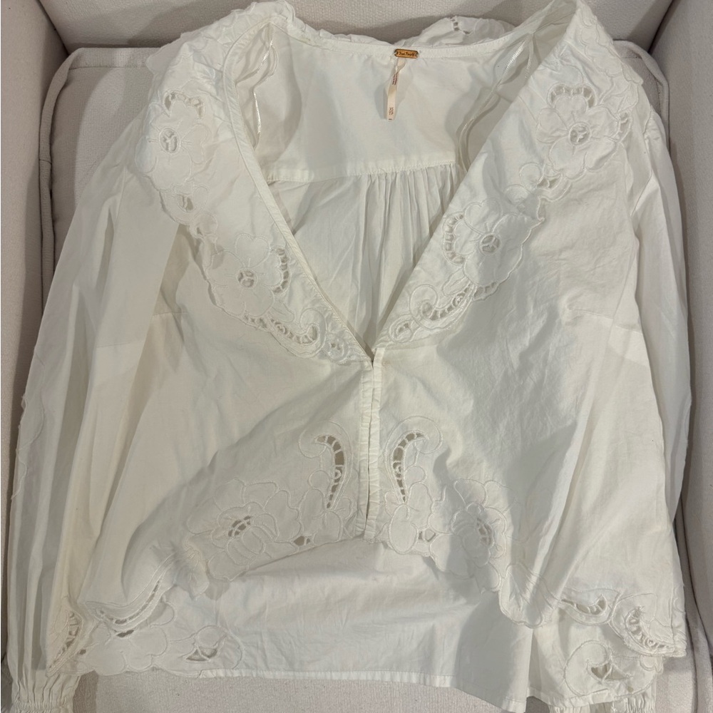 Free People White Lace Trim Blouse